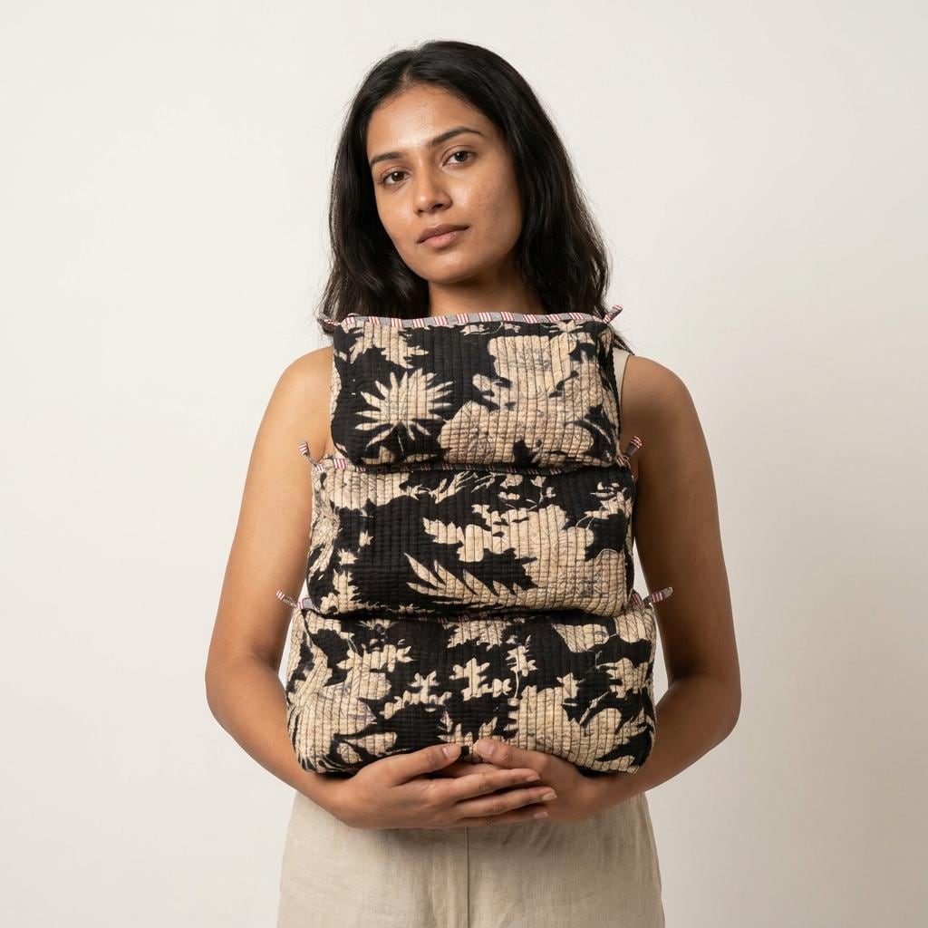 Black Floral Quilted Makeup Bag Set, Handcrafted Cotton Cosmetic Pouch, Tropical Travel Organizer