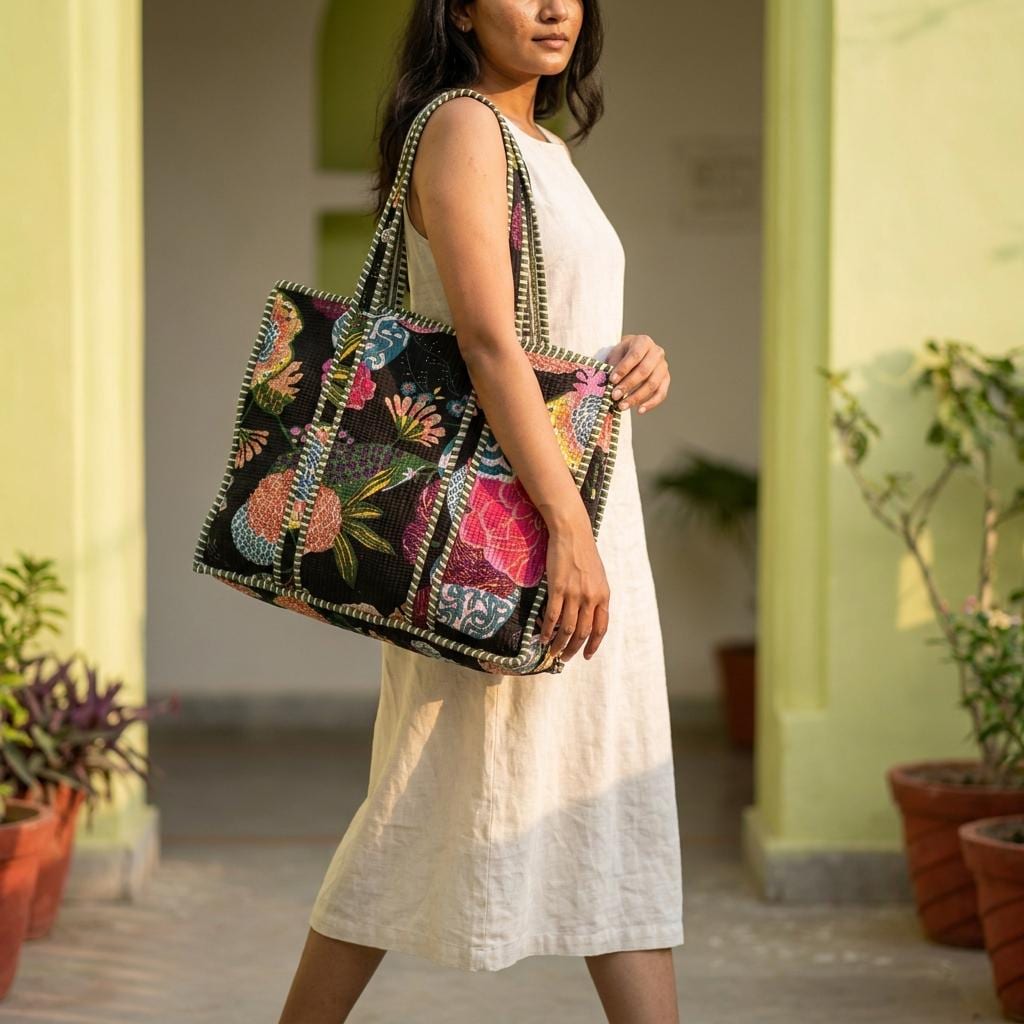 Black Floral Quilted Cotton Tote Bag, Handcrafted Shoulder Shopper Purse, Striped Travel Handbag