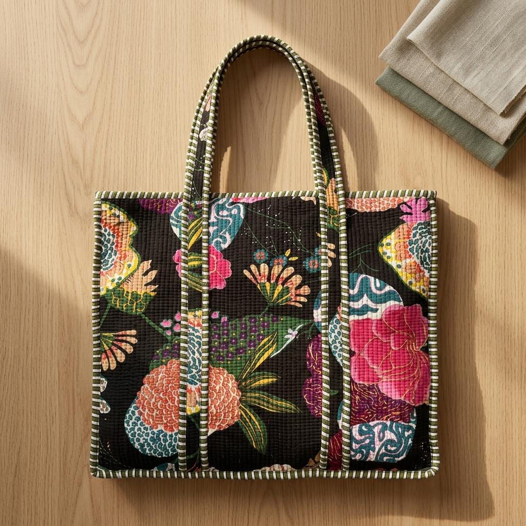 Black Floral Quilted Cotton Tote Bag, Handcrafted Shoulder Shopper Purse, Striped Travel Handbag