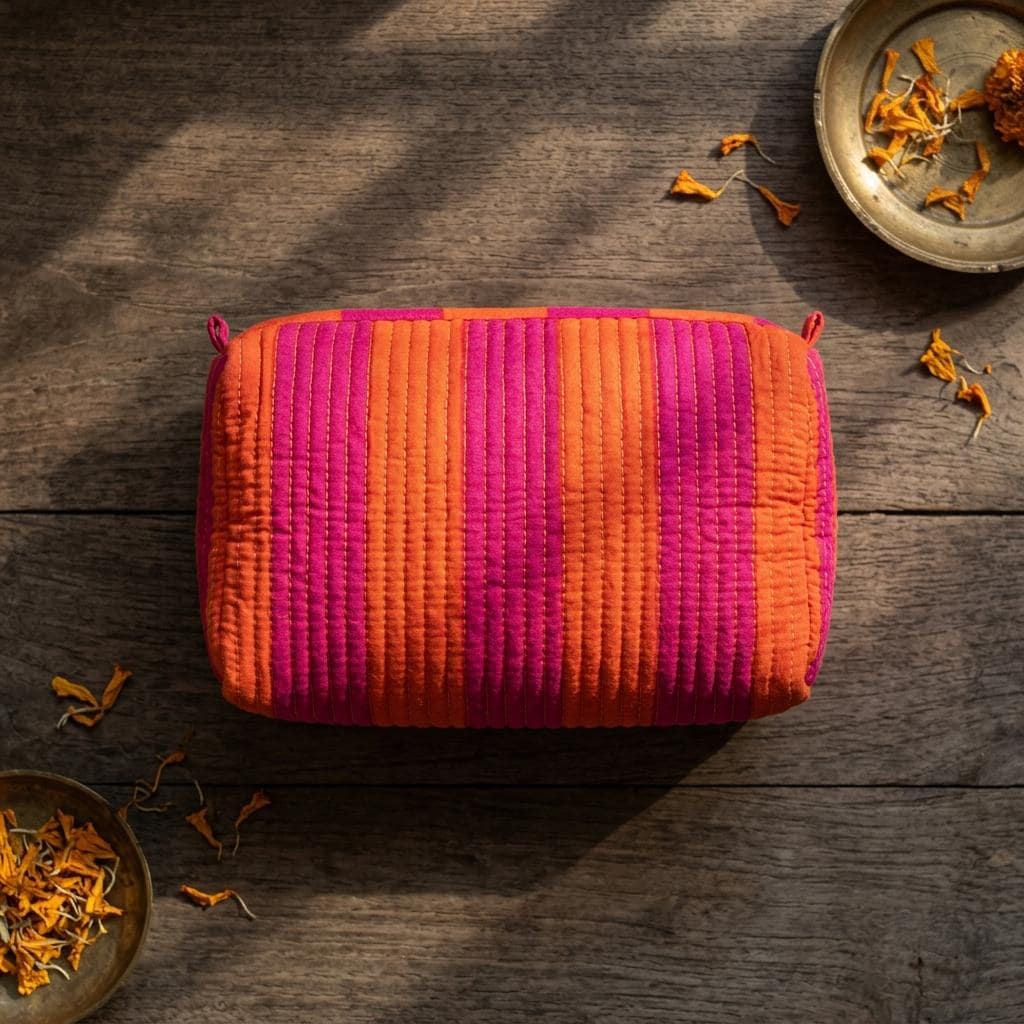 Pink Orange Quilted Makeup Bag Set, Handcrafted Cotton Cosmetic Pouch, Striped Travel Organizer