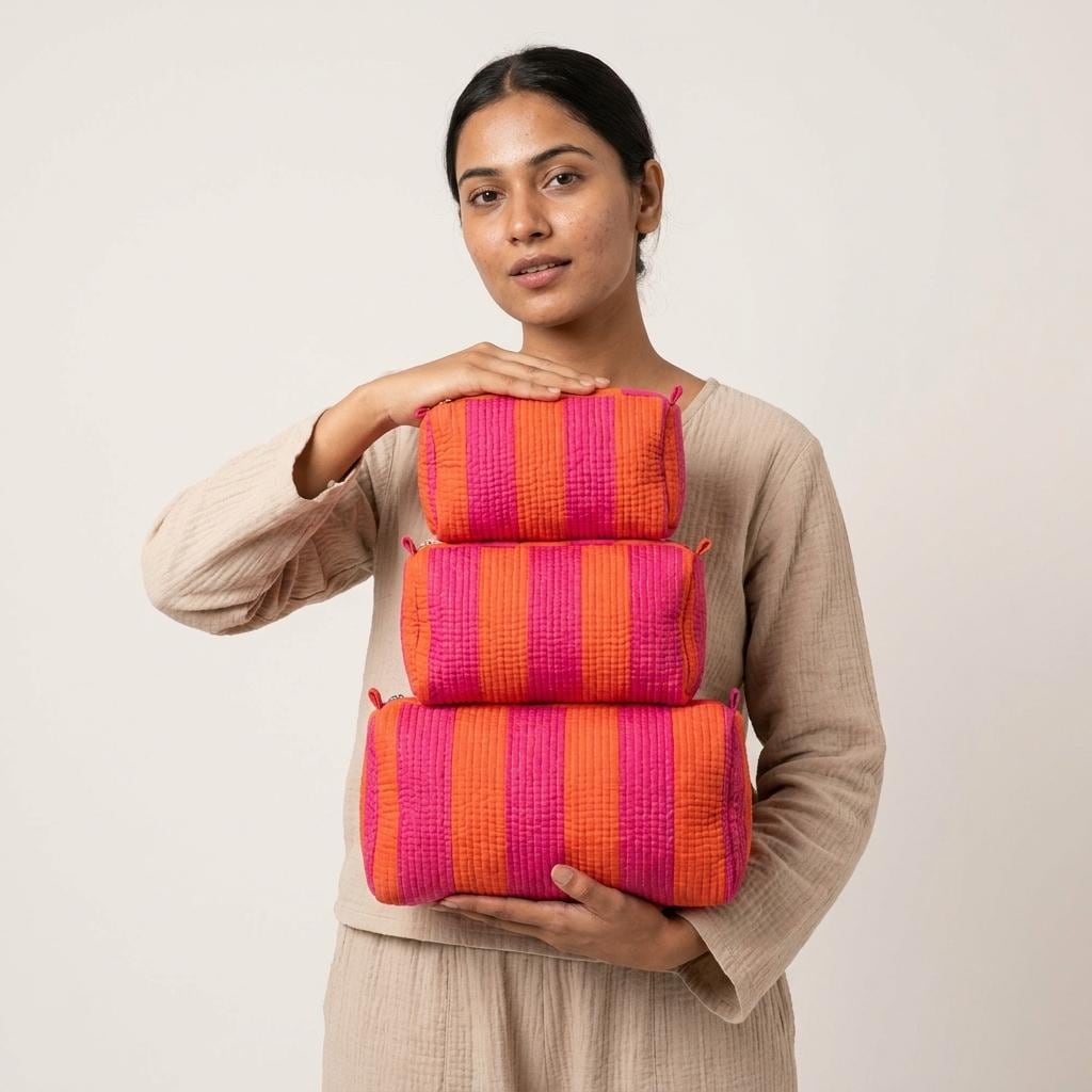 Pink Orange Quilted Makeup Bag Set, Handcrafted Cotton Cosmetic Pouch, Striped Travel Organizer
