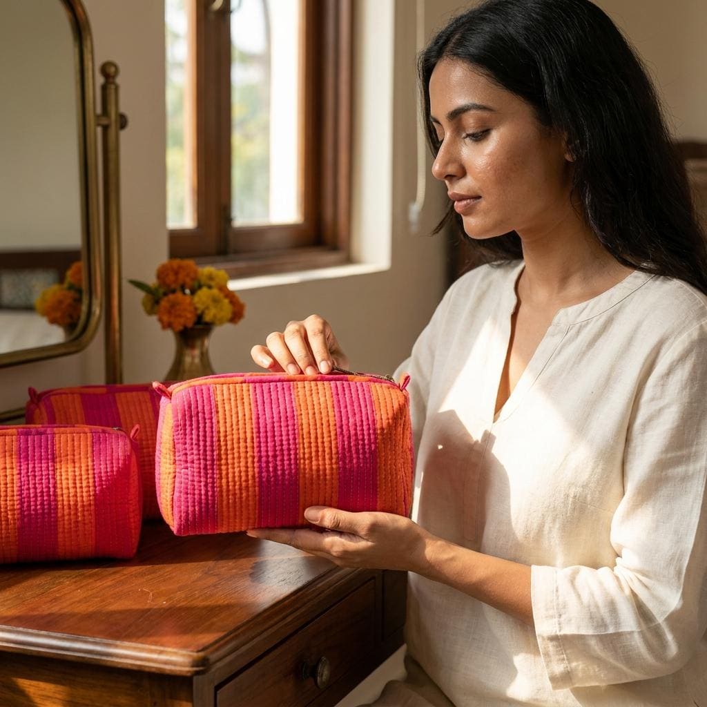 Pink Orange Quilted Makeup Bag Set, Handcrafted Cotton Cosmetic Pouch, Striped Travel Organizer
