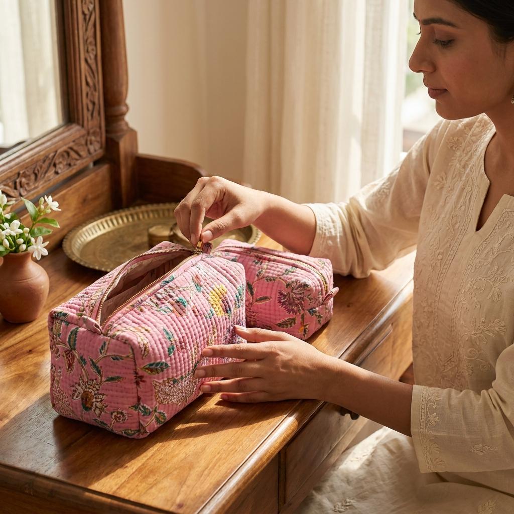 Pink Chintz Quilted Makeup Bag Set, Handcrafted Cotton Cosmetic Pouch, Floral Travel Organizer
