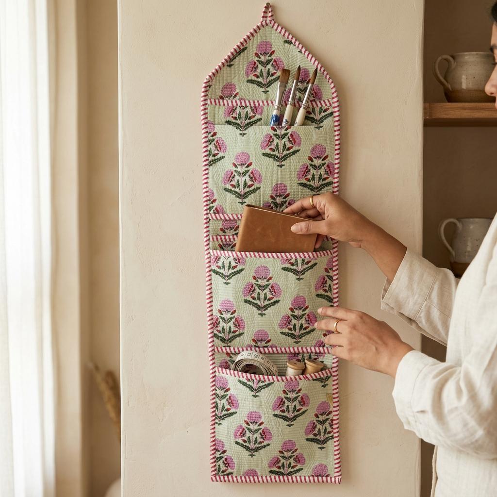 Pink Floral Quilted Wall Hanging Organizer, Handcrafted Cotton Pocket Storage, Patterned Office Home Pocketbook