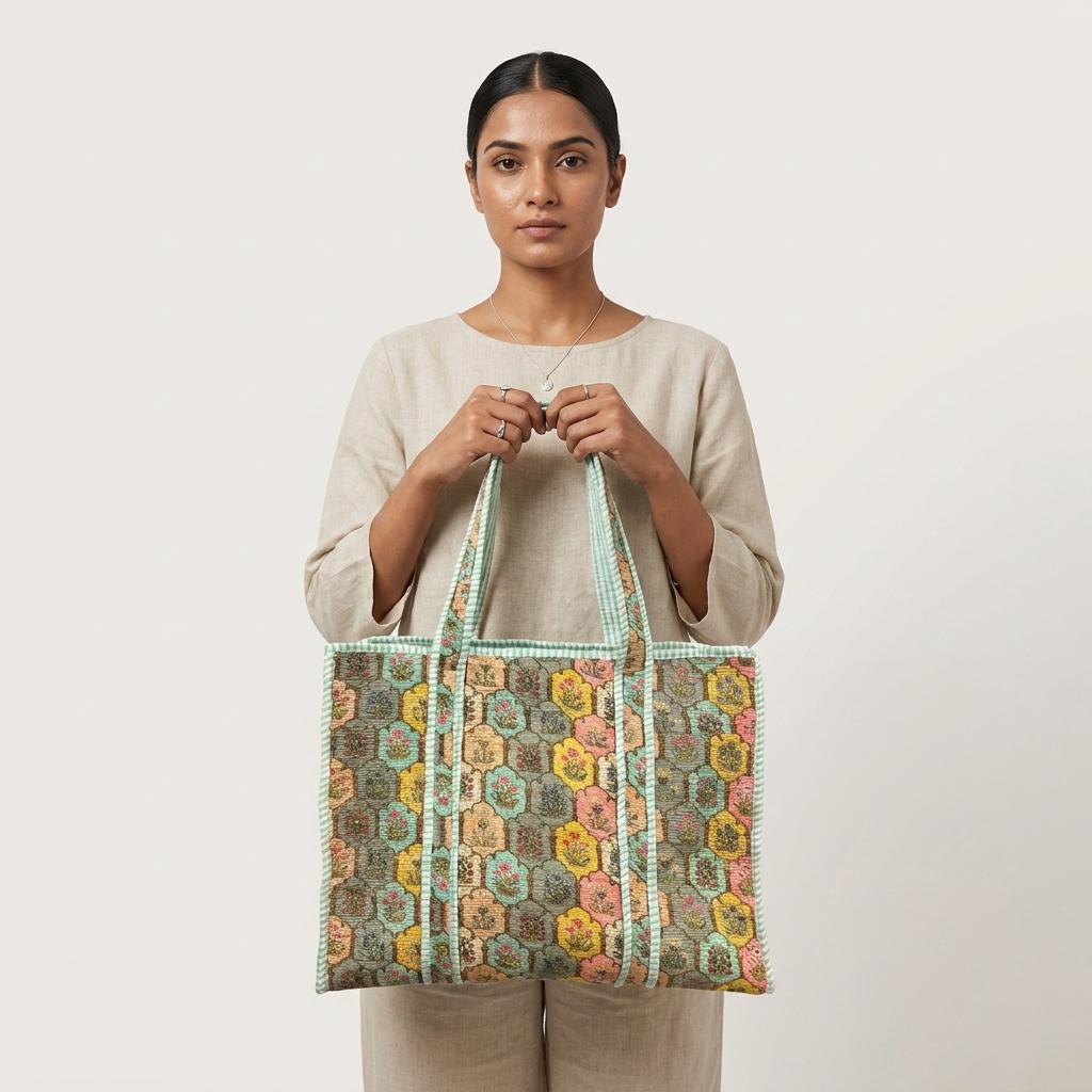 Green Floral Quilted Cotton Tote Bag, Handcrafted Shoulder Shopper Purse, Mosaic Travel Handbag