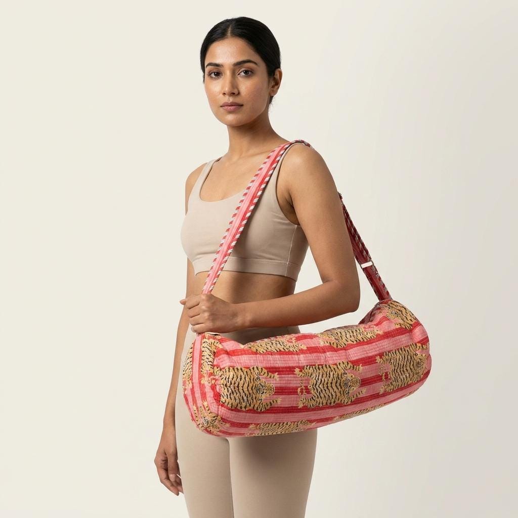 Tiger Print Quilted Yoga Bag, Handcrafted Cotton Travel Tote, Eco Friendly Gym Weekender