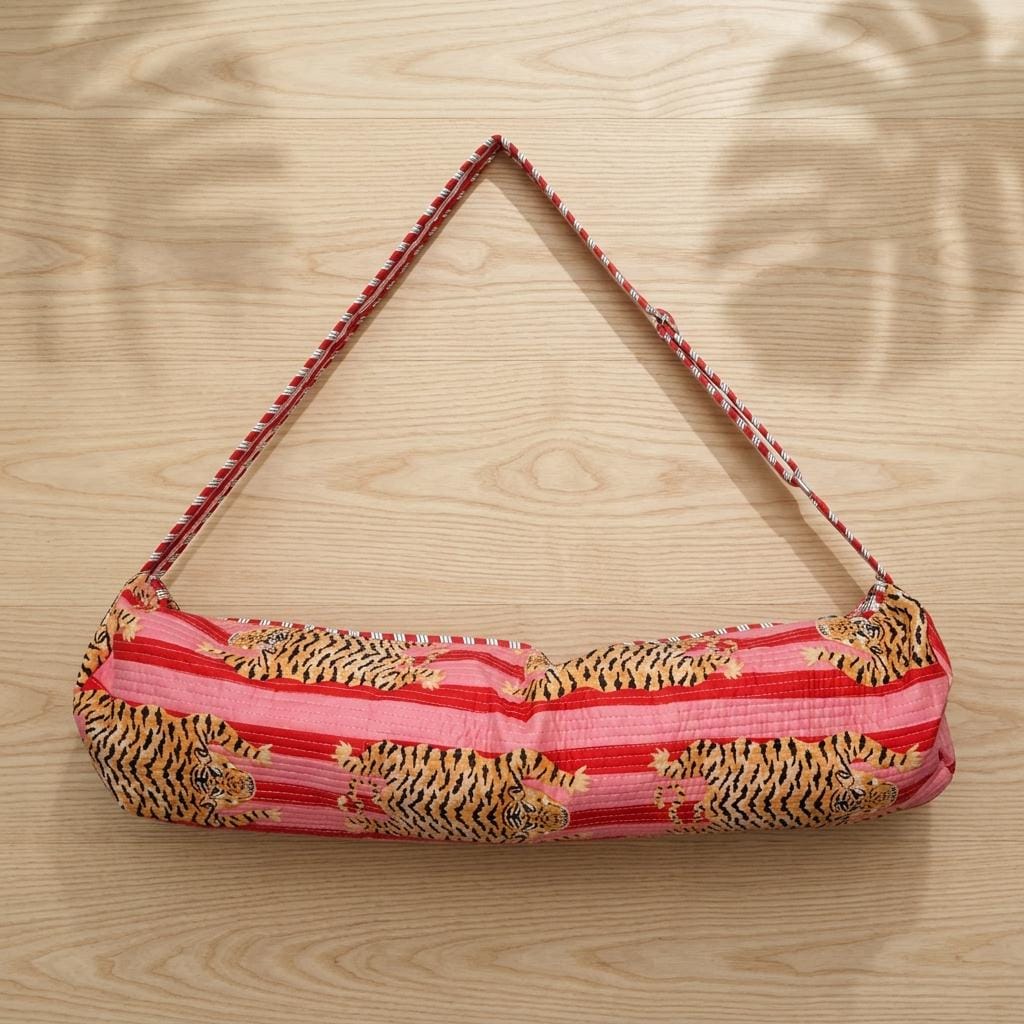Tiger Print Quilted Yoga Bag, Handcrafted Cotton Travel Tote, Eco Friendly Gym Weekender