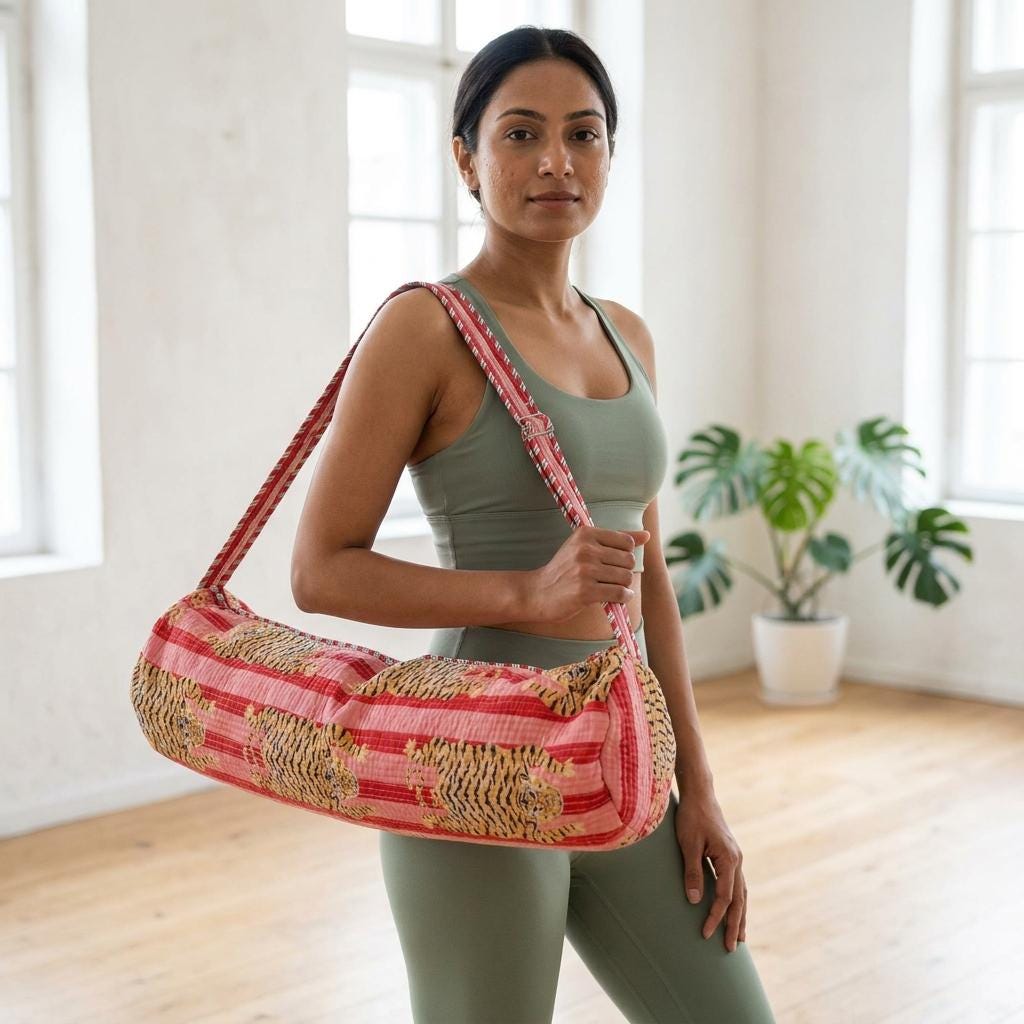 Tiger Print Quilted Yoga Bag, Handcrafted Cotton Travel Tote, Eco Friendly Gym Weekender