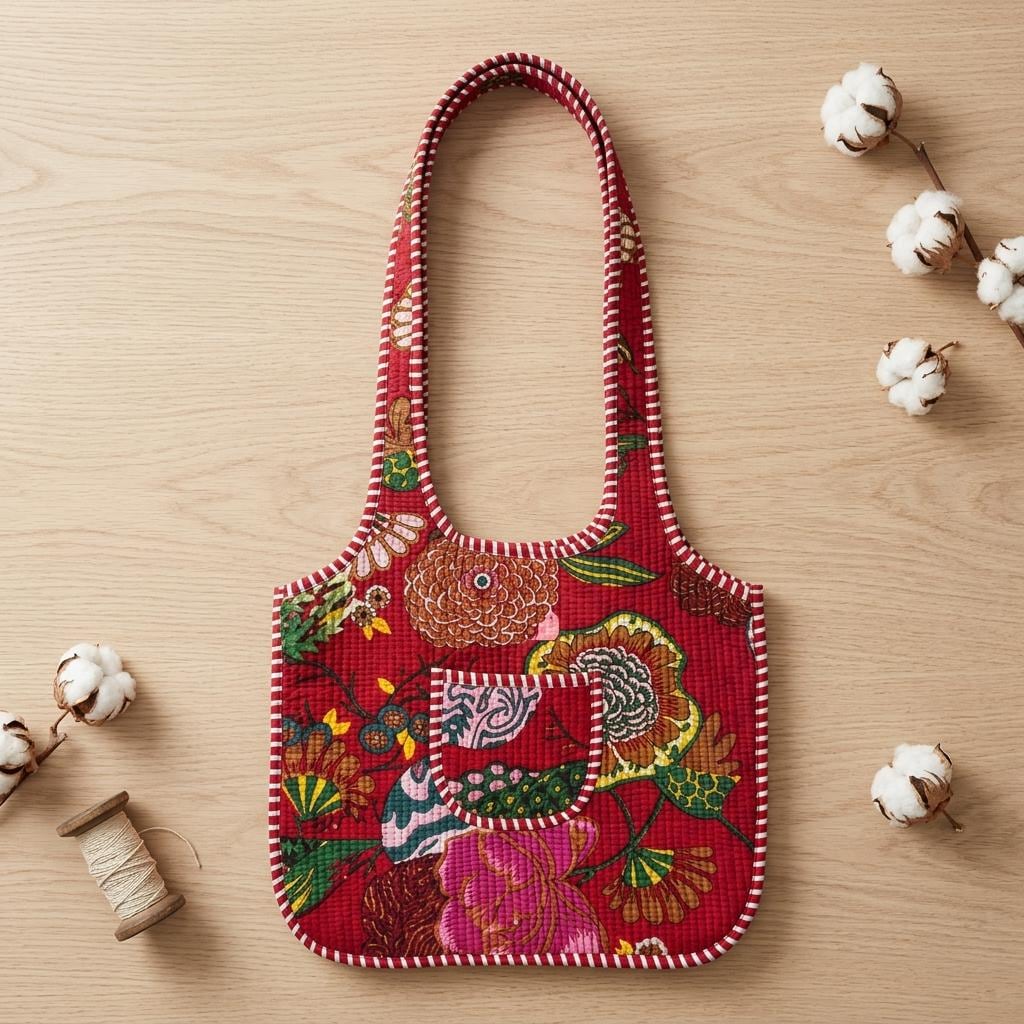 Floral Quilted Shoulder Bag, Handcrafted Cotton Tote, Vibrant Red Kantha Stitch Shopping Purse
