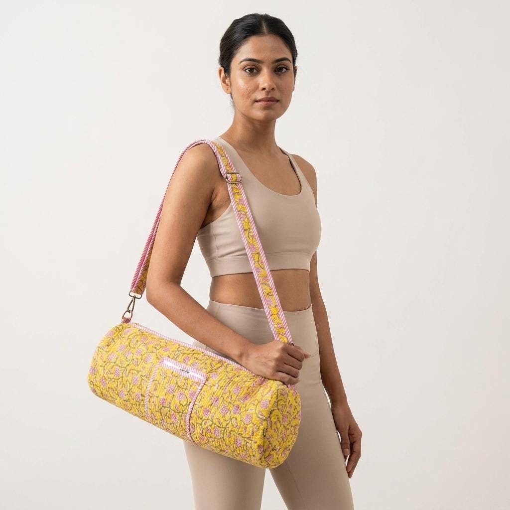 Yellow Floral Quilted Cotton Yoga Mat Bag, Handcrafted Crossbody Carrier, Striped Fitness Handbag