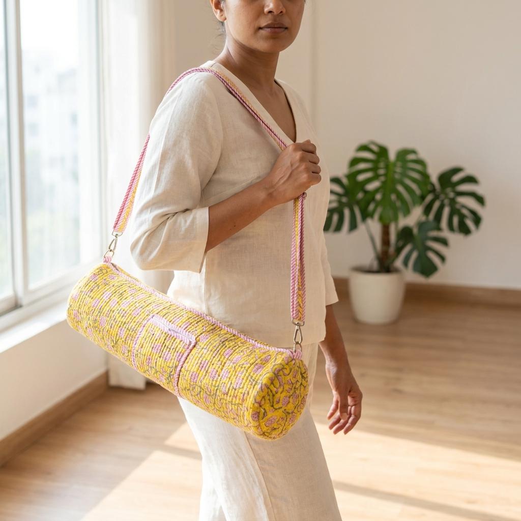 Yellow Floral Quilted Cotton Yoga Mat Bag, Handcrafted Crossbody Carrier, Striped Fitness Handbag