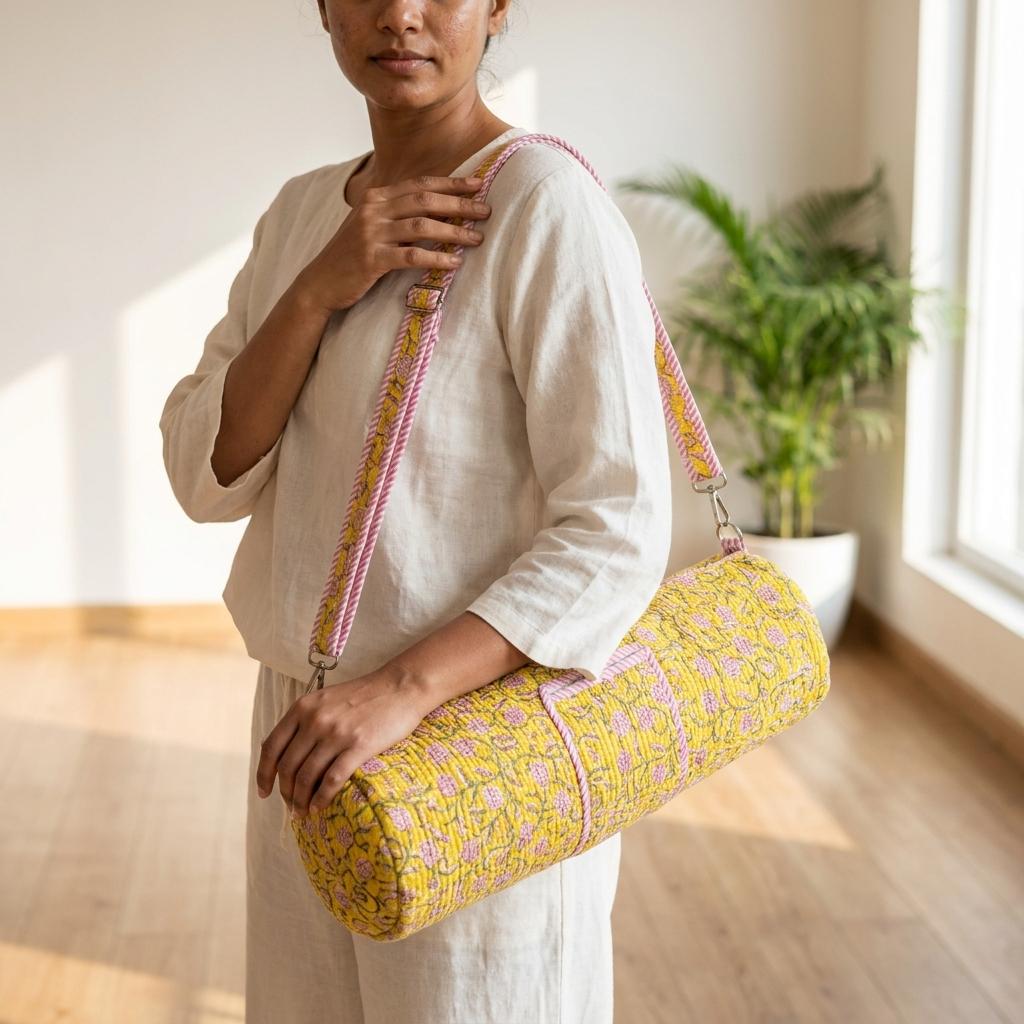 Yellow Floral Quilted Cotton Yoga Mat Bag, Handcrafted Crossbody Carrier, Striped Fitness Handbag