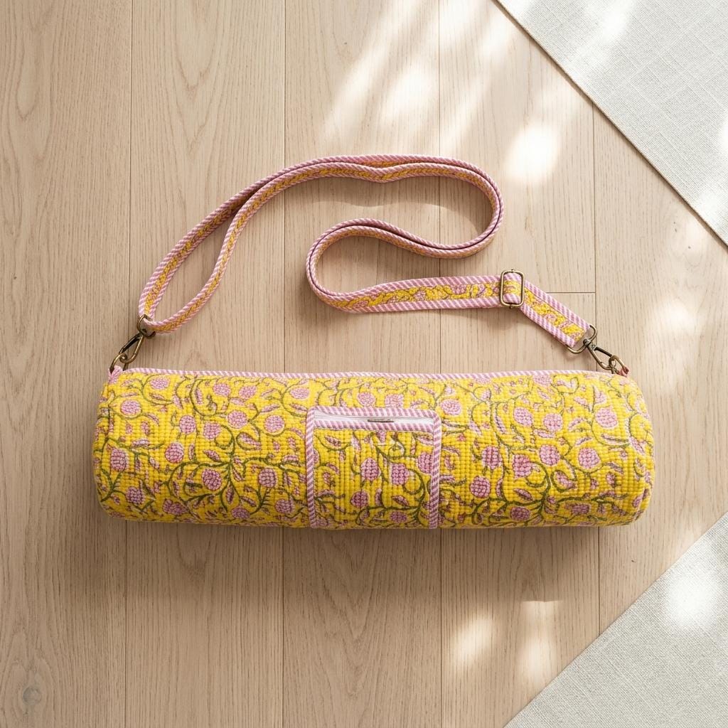 Yellow Floral Quilted Cotton Yoga Mat Bag, Handcrafted Crossbody Carrier, Striped Fitness Handbag