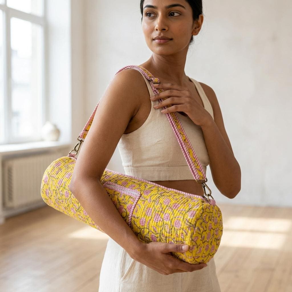 Yellow Floral Quilted Cotton Yoga Mat Bag, Handcrafted Crossbody Carrier, Striped Fitness Handbag