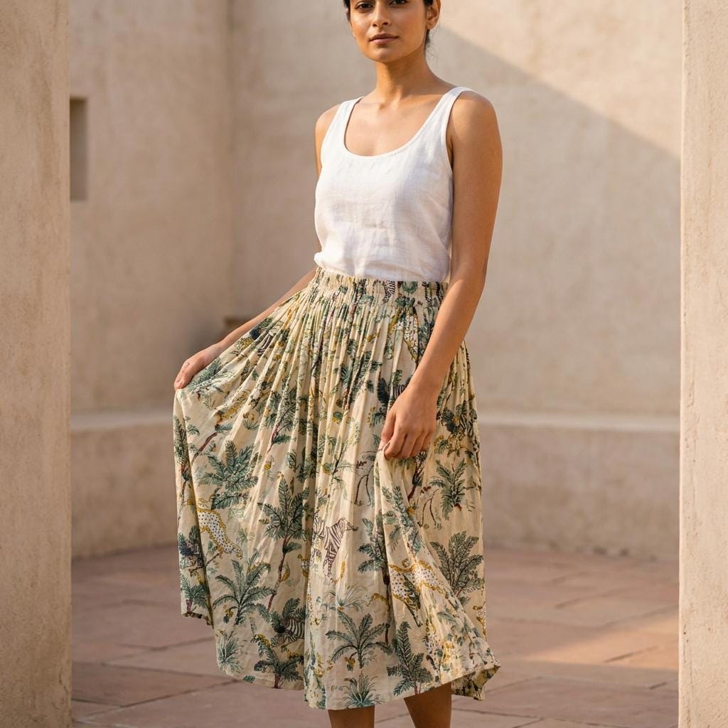 Safari Print Cotton Midi Skirt, Handcrafted Flared Summer Clothing, Block Printed Casual Resort Wear