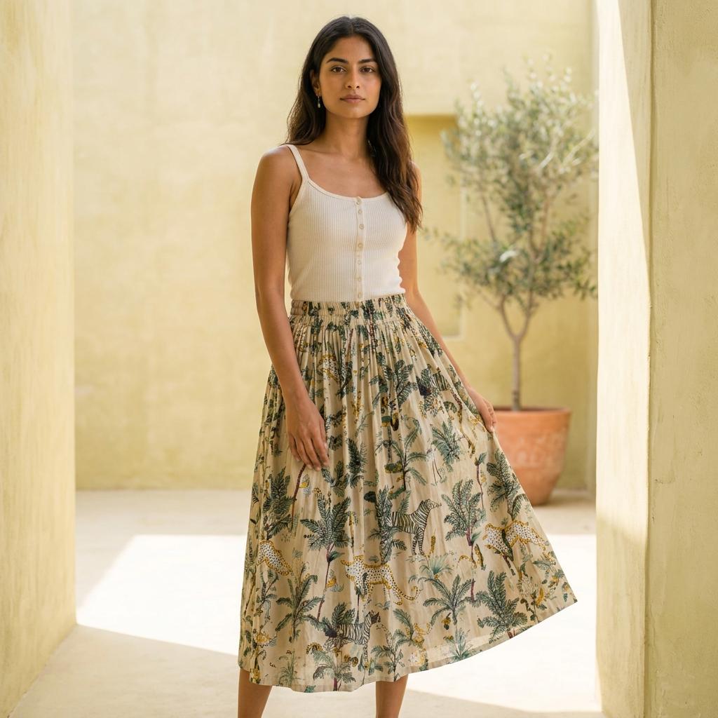 Safari Print Cotton Midi Skirt, Handcrafted Flared Summer Clothing, Block Printed Casual Resort Wear