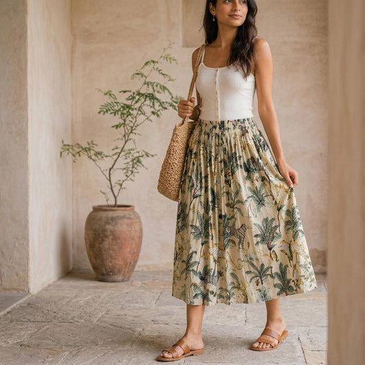 Safari Print Cotton Midi Skirt, Handcrafted Flared Summer Clothing, Block Printed Casual Resort Wear