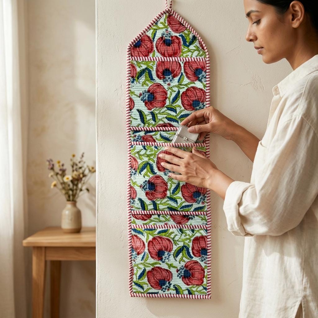 Red Peony Quilted Wall Hanging Organizer, Handcrafted Cotton Pocket Storage, Patterned Office Home Utility