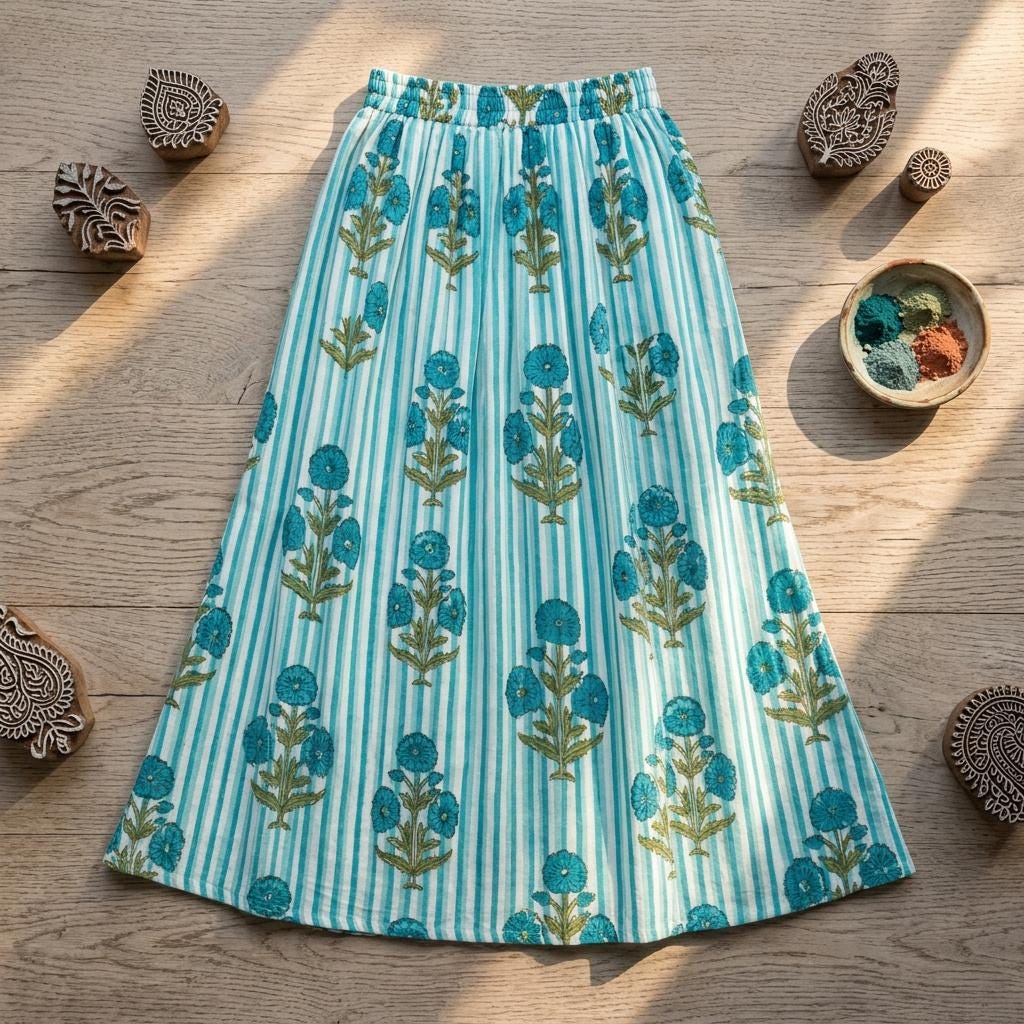 Blue Floral Block Print Cotton Skirt, Handcrafted Striped Midi Dress, Boho Summer Maxi Skirts