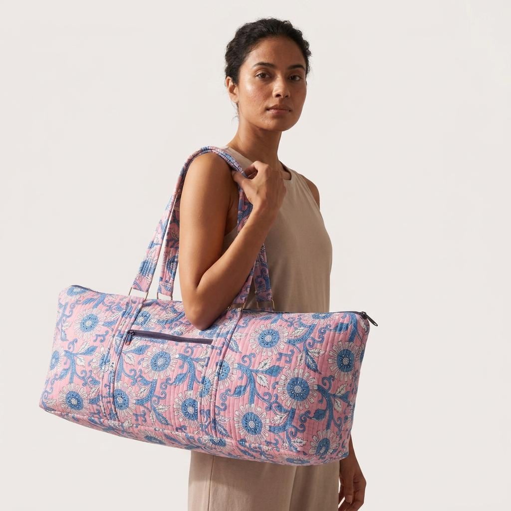 Pink Floral Quilted Cotton Yoga Mat Bag, Handcrafted Shoulder Carrier, Blue Patterned Fitness Tote