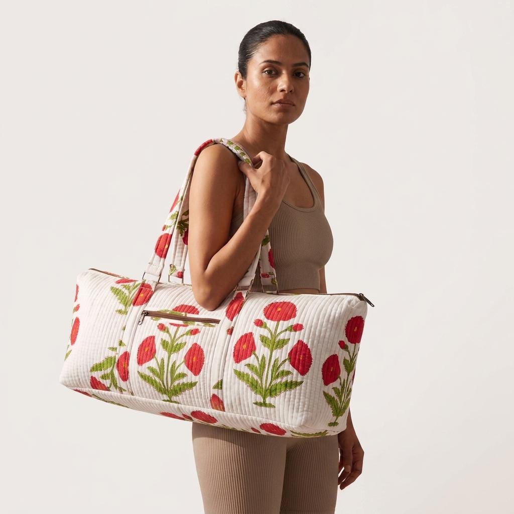 Red Floral Quilted Cotton Yoga Mat Bag, Handcrafted Shoulder Carrier, White Patterned Fitness Tote