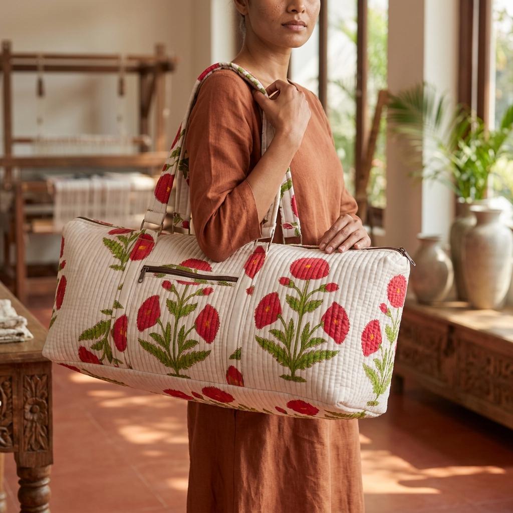 Red Floral Quilted Cotton Yoga Mat Bag, Handcrafted Shoulder Carrier, White Patterned Fitness Tote