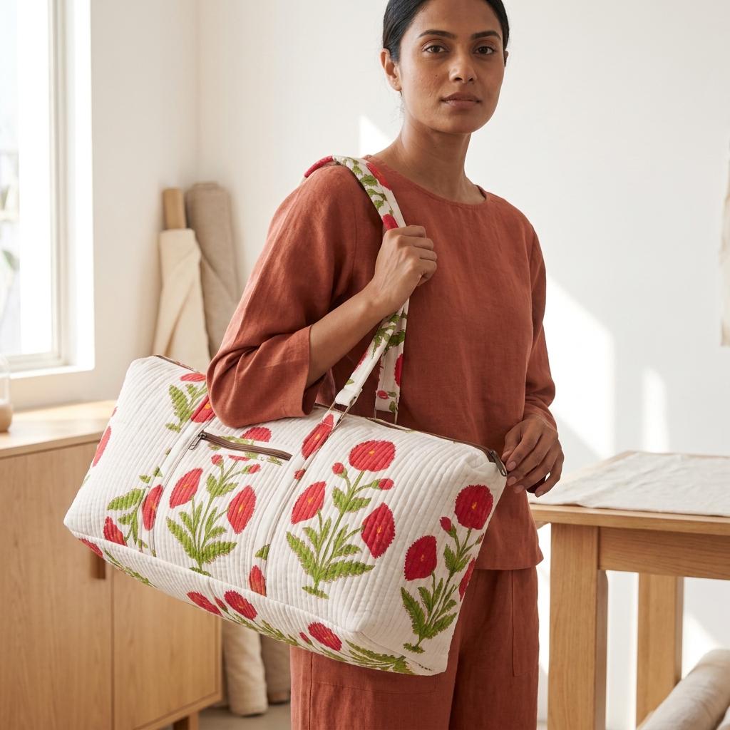Red Floral Quilted Cotton Yoga Mat Bag, Handcrafted Shoulder Carrier, White Patterned Fitness Tote
