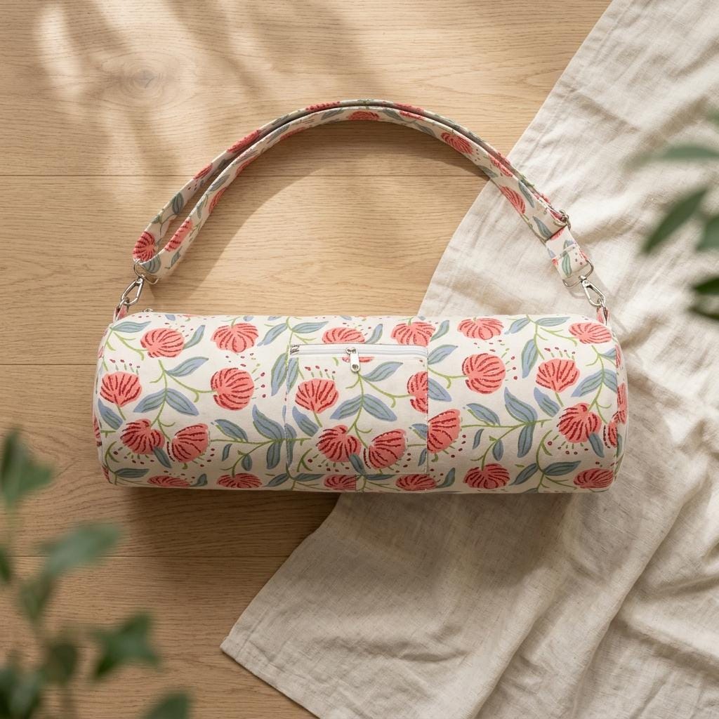 Red Peony Quilted Cotton Yoga Mat Bag, Handcrafted Crossbody Carrier, Blue Patterned Fitness Tote