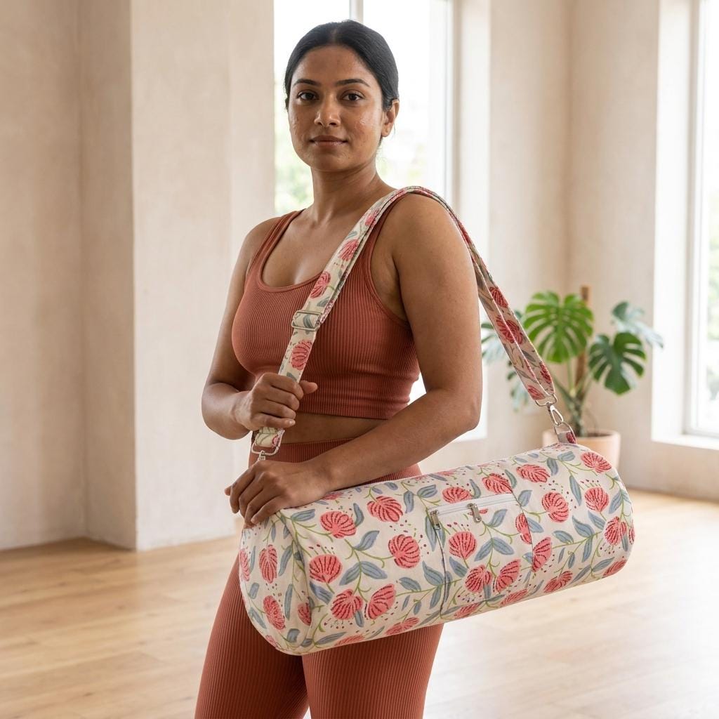 Red Peony Quilted Cotton Yoga Mat Bag, Handcrafted Crossbody Carrier, Blue Patterned Fitness Tote