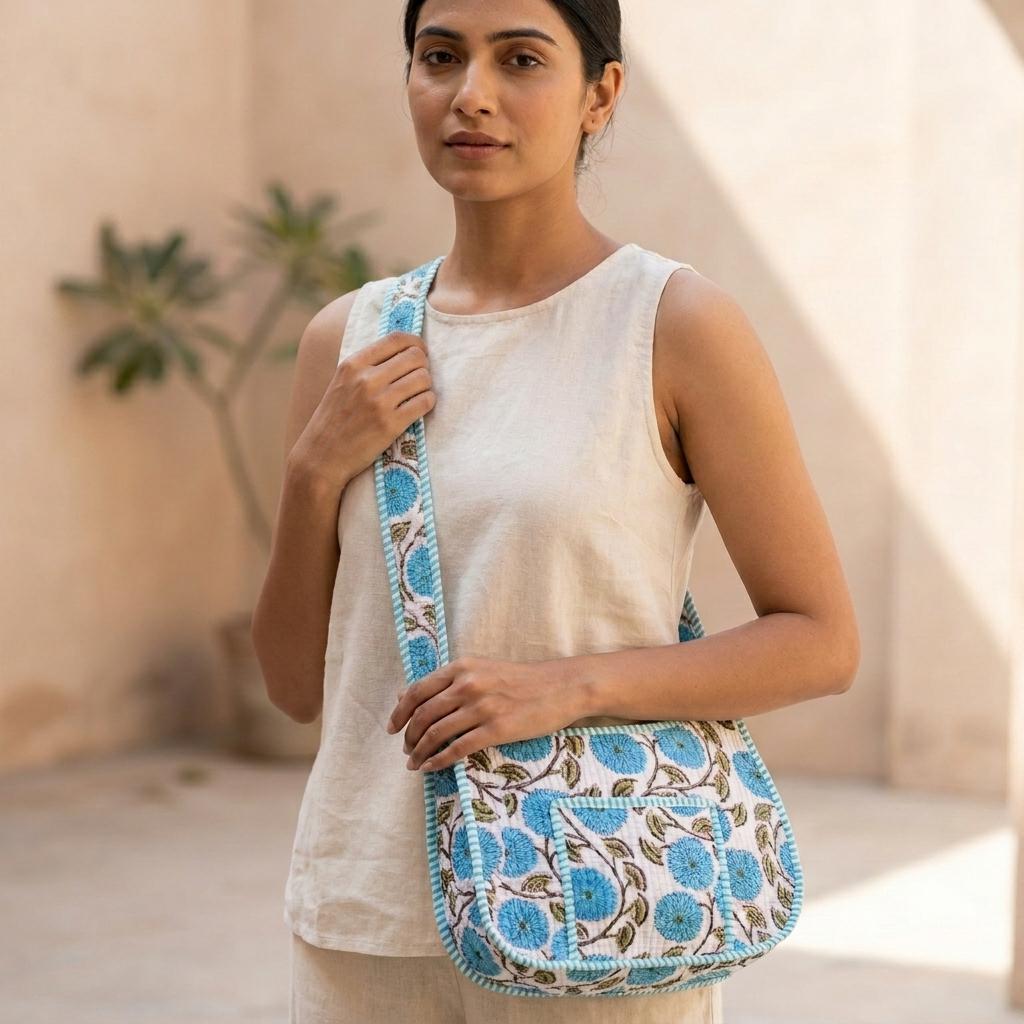 Blue Marigold Quilted Cotton Sling Bag, Handcrafted Crossbody Purse, Striped Travel Floral Messenger
