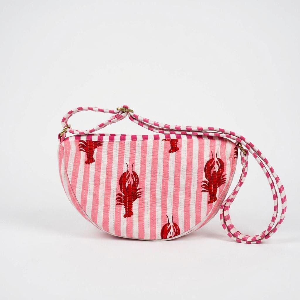 Lobster Print Quilted Crossbody Bag, Handcrafted Cotton Fanny Pack, Pink Striped Crescent Purse