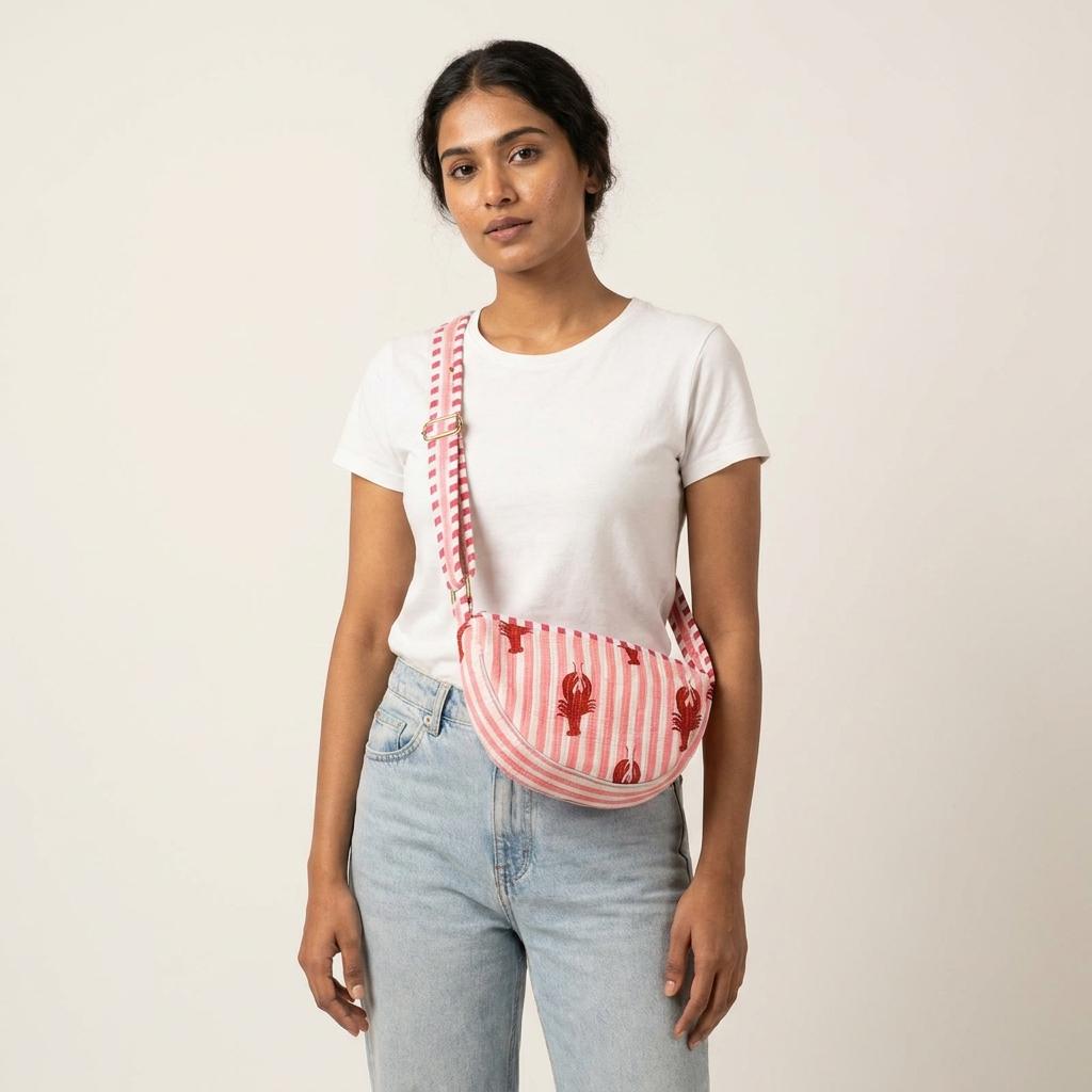 Lobster Print Quilted Crossbody Bag, Handcrafted Cotton Fanny Pack, Pink Striped Crescent Purse