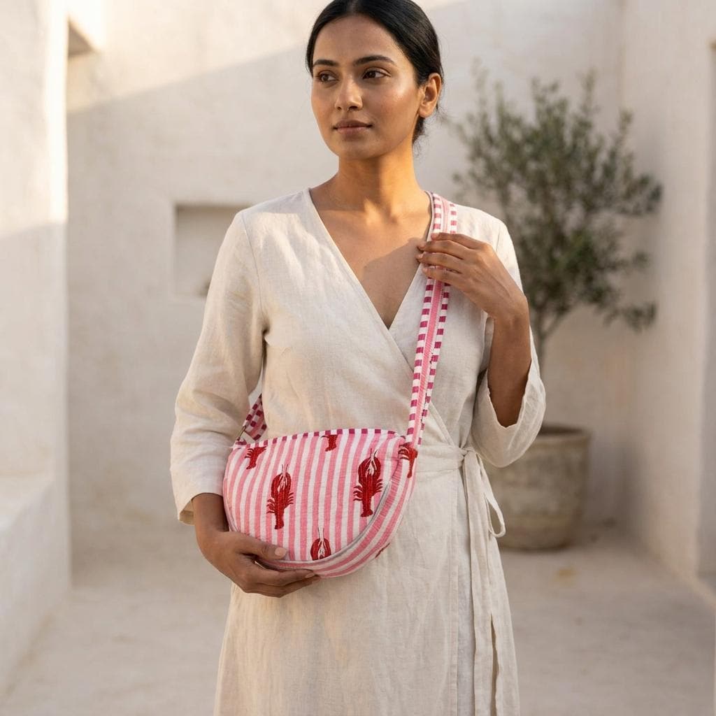 Lobster Print Quilted Crossbody Bag, Handcrafted Cotton Fanny Pack, Pink Striped Crescent Purse