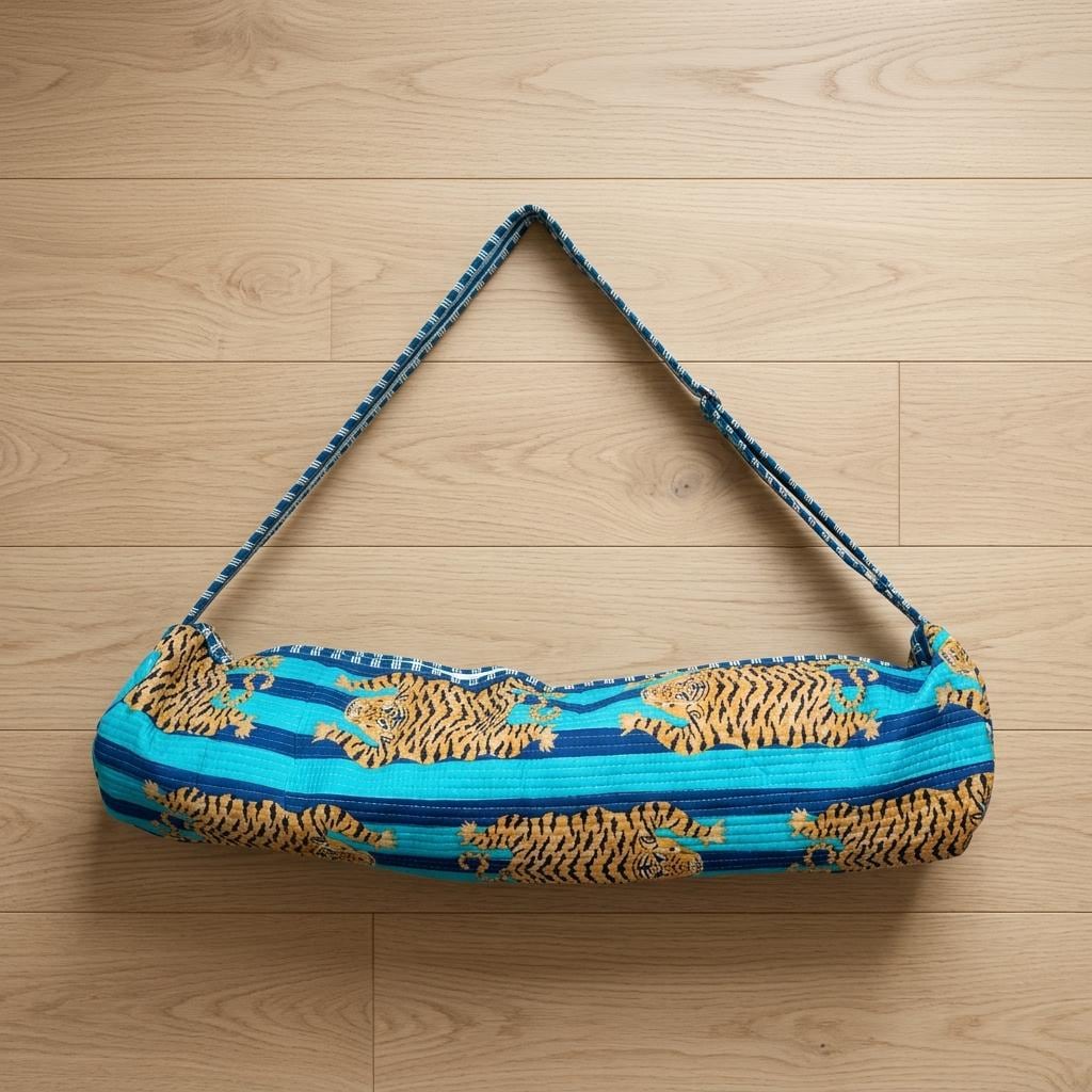 Blue Tiger Print Yoga Mat Bag, Quilted Cotton Gym Carrier, Handcrafted Pilates Tote