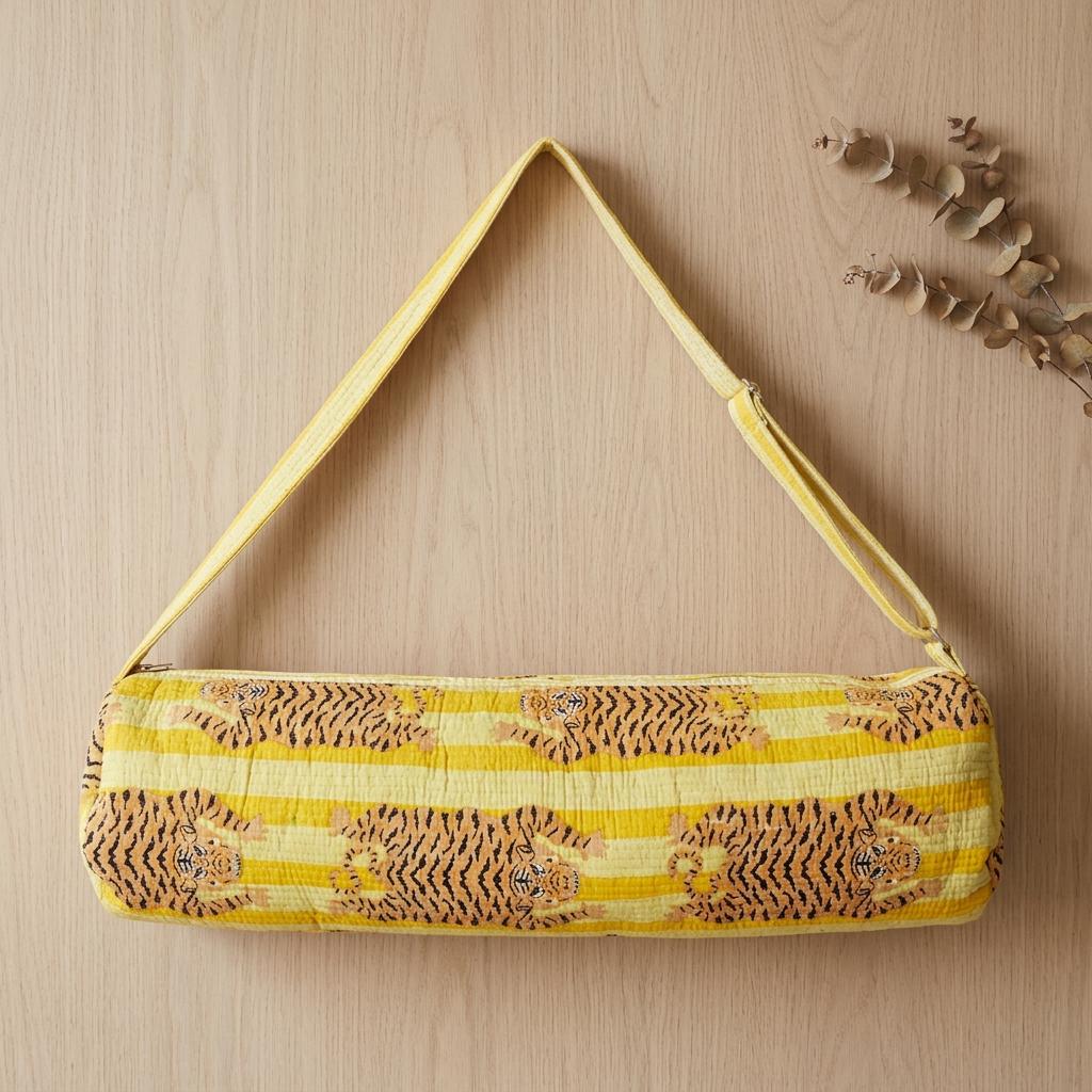 Yellow Tiger Print Yoga Mat Bag, Quilted Cotton Gym Carrier, Handcrafted Pilates Tote