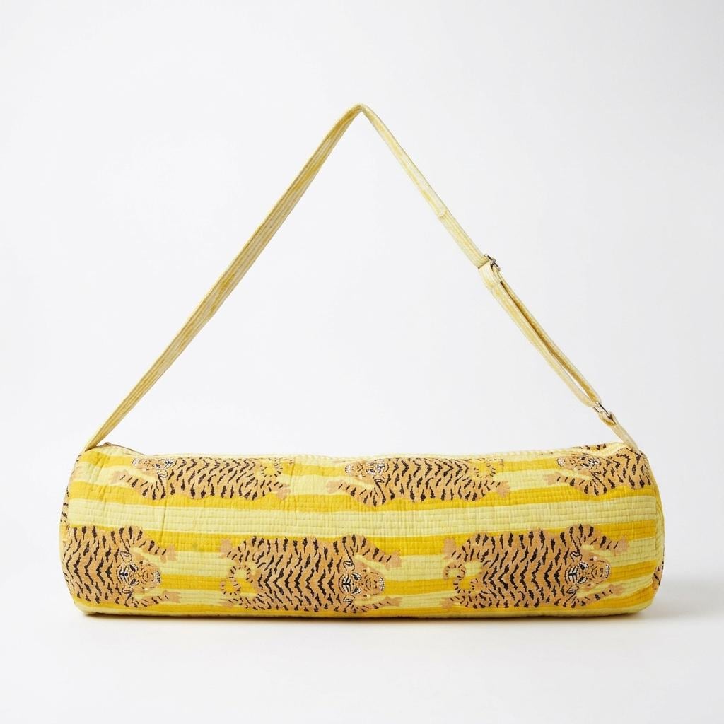 Yellow Tiger Print Yoga Mat Bag, Quilted Cotton Gym Carrier, Handcrafted Pilates Tote
