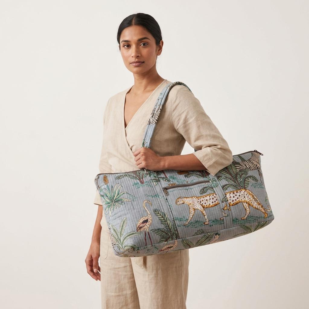 Safari Print Quilted Cotton Yoga Mat Bag, Handcrafted Shoulder Carrier, Grey Patterned Fitness Tote