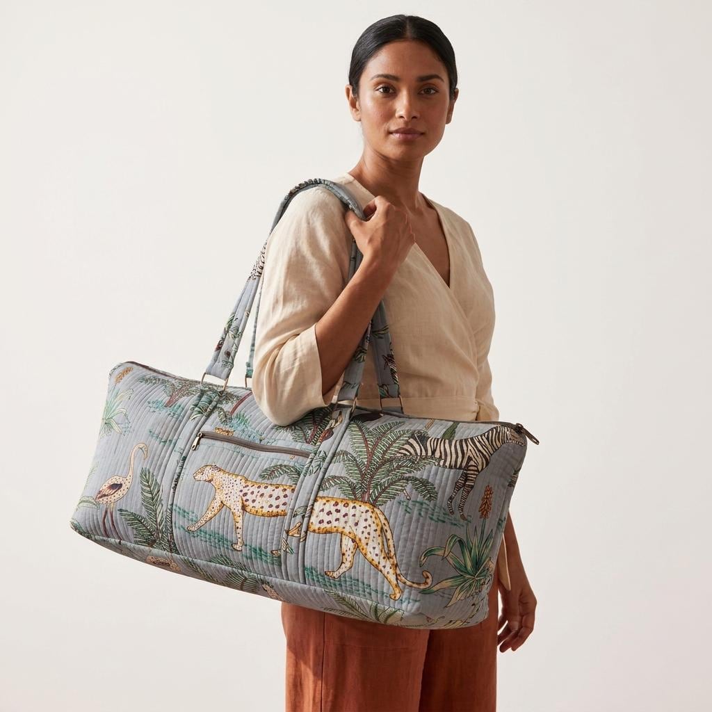 Safari Print Quilted Cotton Yoga Mat Bag, Handcrafted Shoulder Carrier, Grey Patterned Fitness Tote