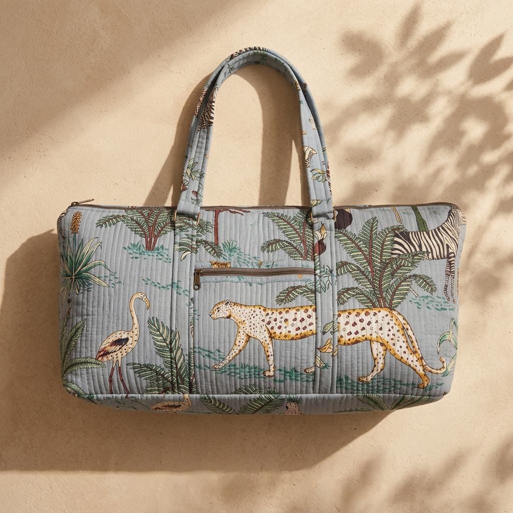 Safari Print Quilted Cotton Yoga Mat Bag, Handcrafted Shoulder Carrier, Grey Patterned Fitness Tote