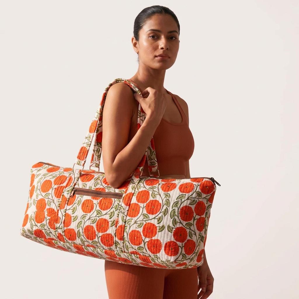 Orange Flower Quilted Cotton Yoga Mat Bag, Handcrafted Shoulder Carrier, White Patterned Fitness Tote