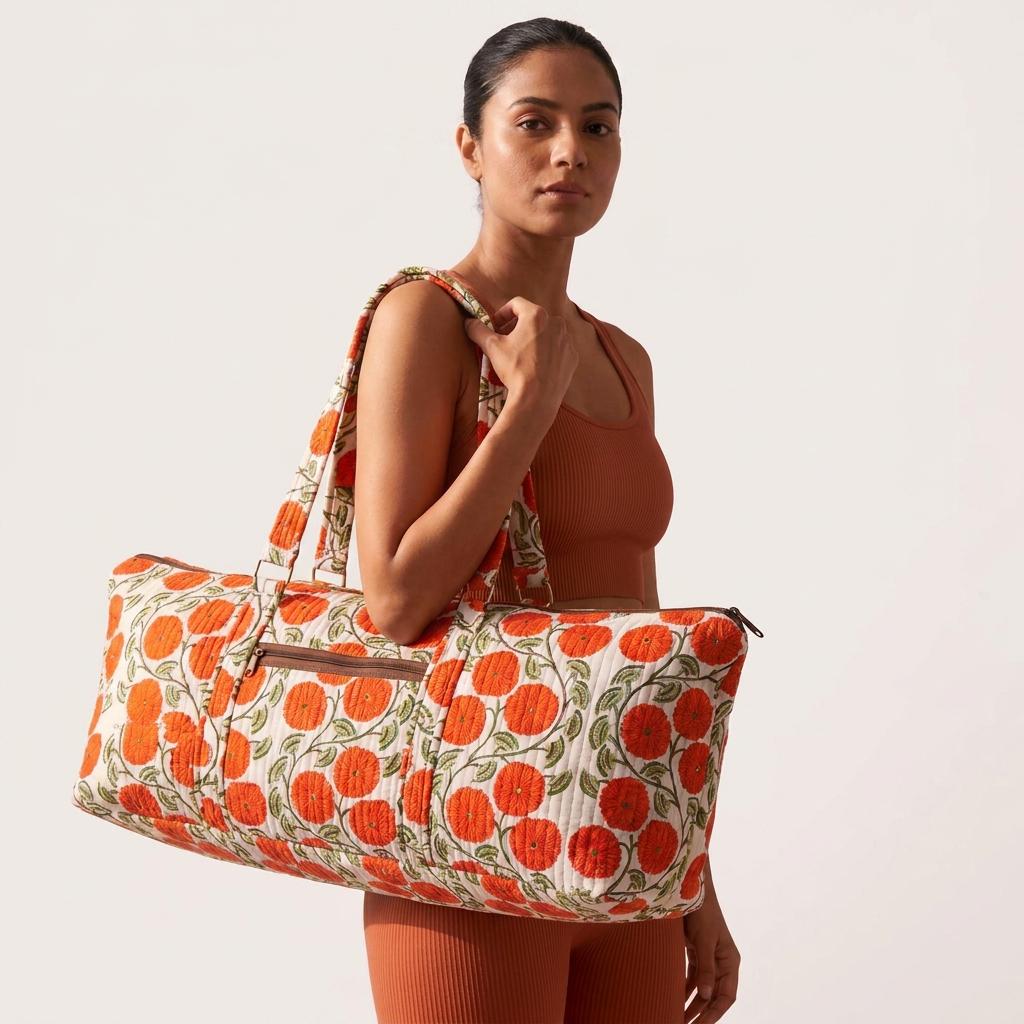 Orange Flower Quilted Cotton Yoga Mat Bag, Handcrafted Shoulder Carrier, White Patterned Fitness Tote