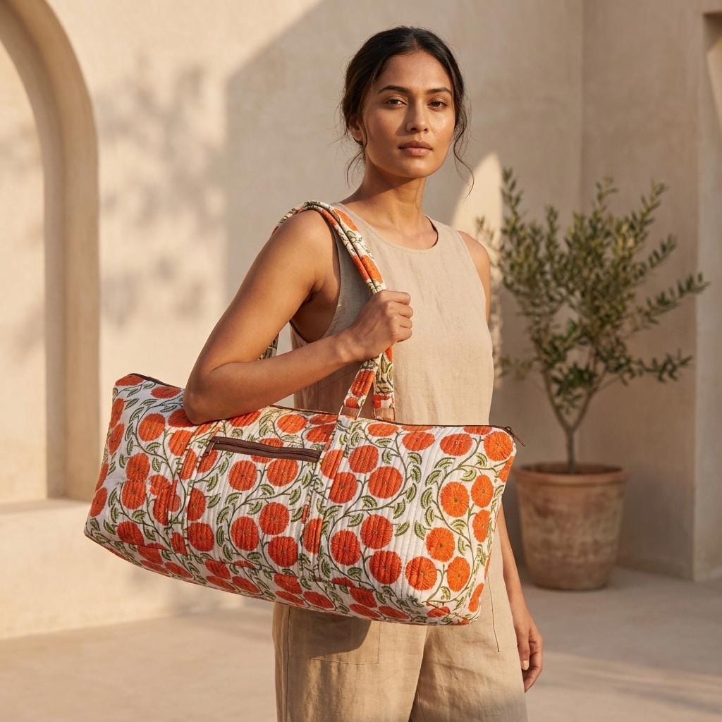 Orange Flower Quilted Cotton Yoga Mat Bag, Handcrafted Shoulder Carrier, White Patterned Fitness Tote