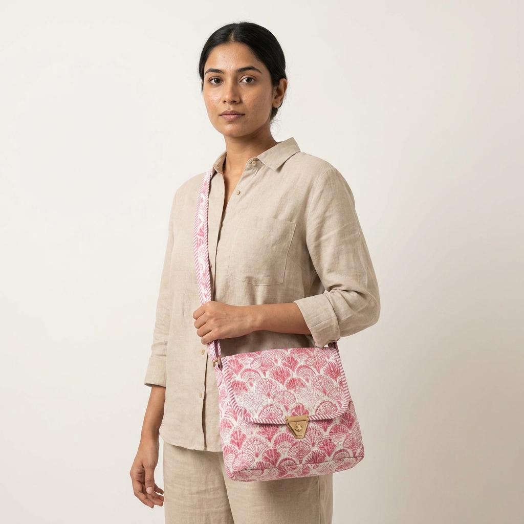 Pink Shell Block Print Crossbody Bag - Bohemian Shoulder Bag with Gold Clasp