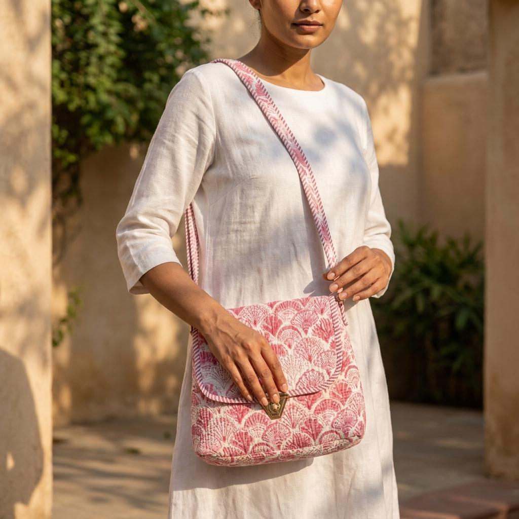 Pink Shell Block Print Crossbody Bag - Bohemian Shoulder Bag with Gold Clasp