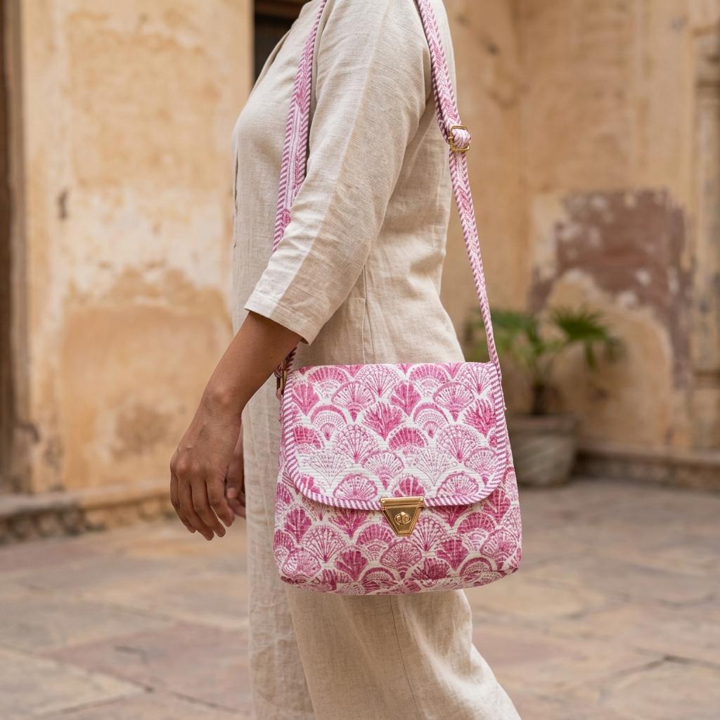 Pink Shell Block Print Crossbody Bag - Bohemian Shoulder Bag with Gold Clasp