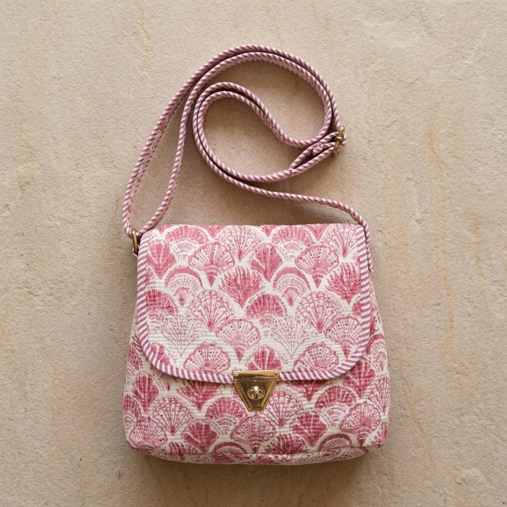 Pink Shell Block Print Crossbody Bag - Bohemian Shoulder Bag with Gold Clasp