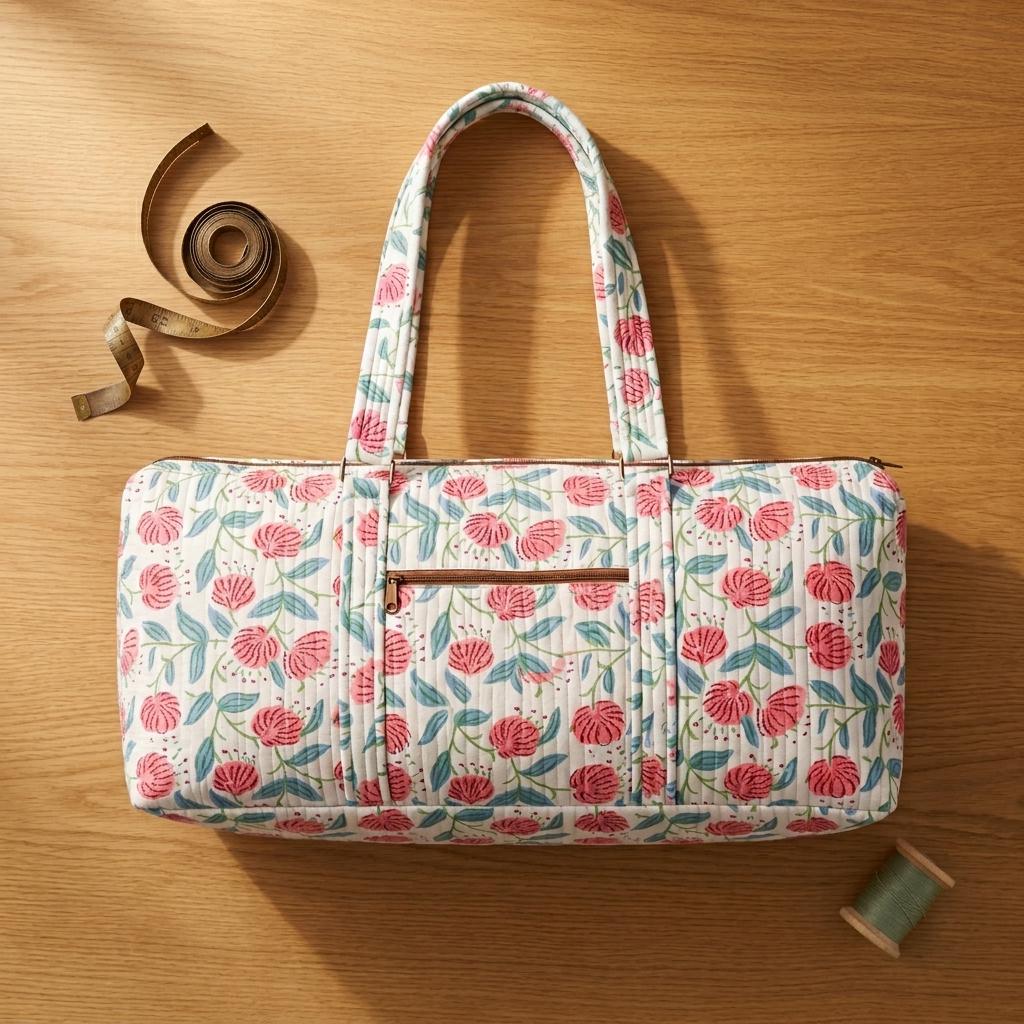 Quilted Floral Weekender Bag - Pink & Blue Block Print Canvas Duffel Bag with Shoulder Strap