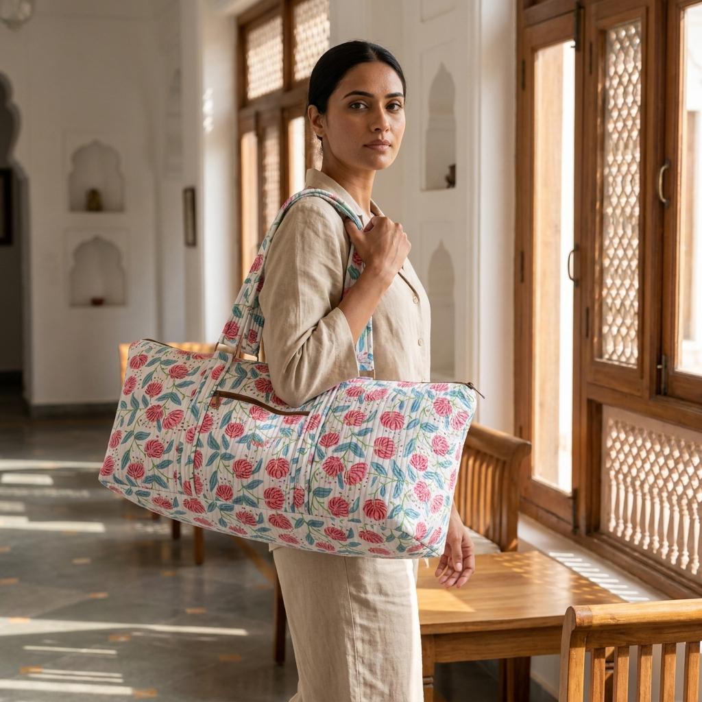 Quilted Floral Weekender Bag - Pink & Blue Block Print Canvas Duffel Bag with Shoulder Strap