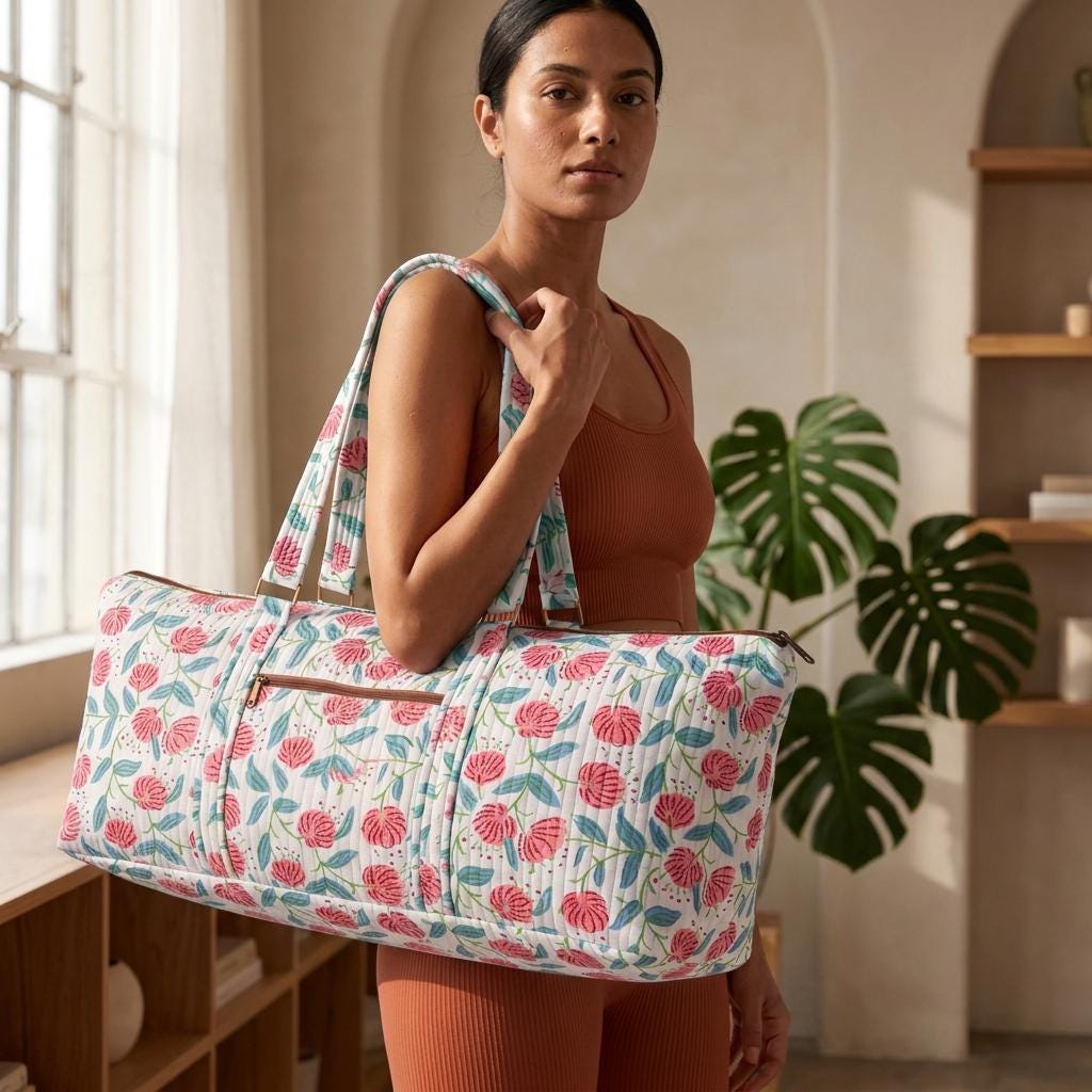 Quilted Floral Weekender Bag - Pink & Blue Block Print Canvas Duffel Bag with Shoulder Strap