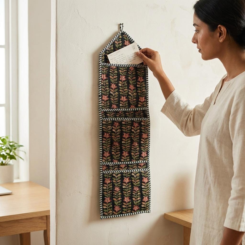Floral Fabric Wall Hanging Organizer, Handcrafted Cotton Pocket Storage, Boho Mail Letter Holder